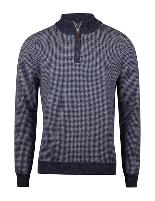 Donkerblauwe merinowollen half-zip trui met pied-de-poulepatroon  