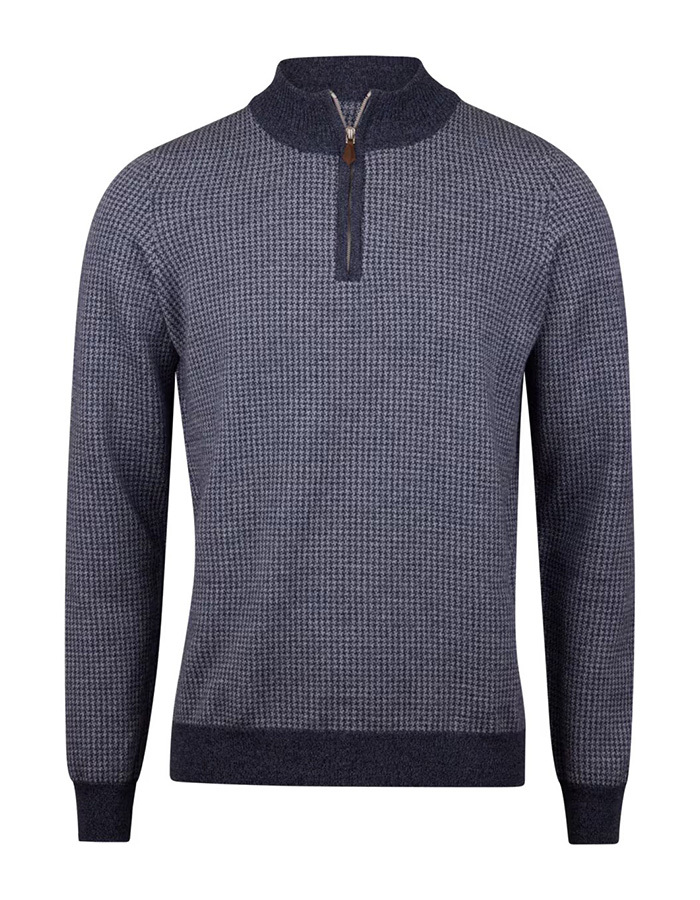 Donkerblauwe merinowollen half-zip trui met pied-de-poulepatroon  