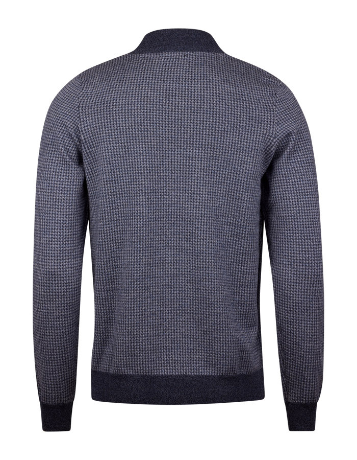 Donkerblauwe merinowollen half-zip trui met pied-de-poulepatroon  